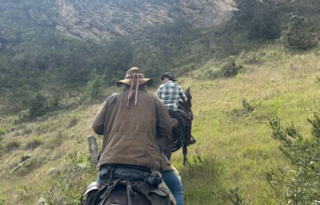 Jinetes subiendo por una ladera verde con montañas al fondo en la cabalgata Suesca – Nemocón, Suesca